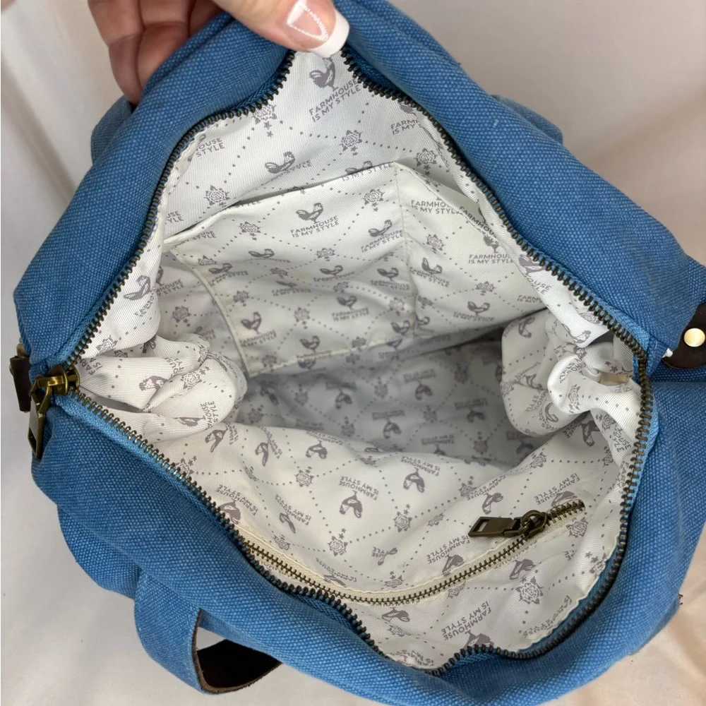 Farmhouse Is My Style Blue Tote‎ with leather accents and Zip Closure